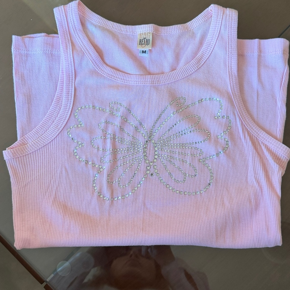 RETRO RAG Vtg  Pink Ribbed Tank Top Embellished Rhinestone Butterfly Medium
